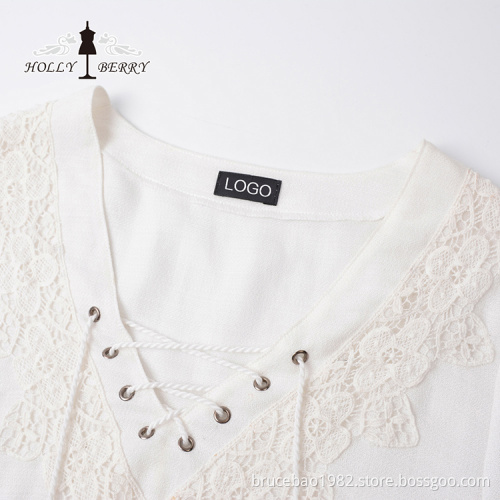 V-neck Women's Blouse Long Sleeve With Lace Pannel